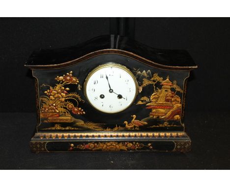 Chinoiserie style mantel clock, the enamel dial with Arabic numerals, 36cm wide