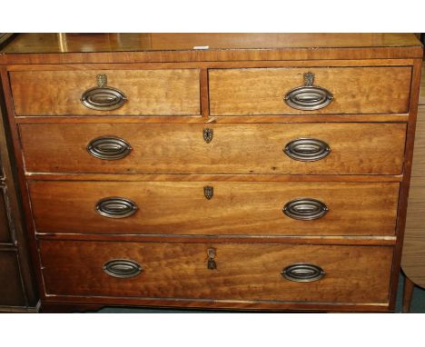 19th Century mahogany and ebony strung chest of two short and three long drawers, the handles with oval brass backplates, on 