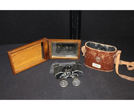 Jerusalem olive wood folding mirror, together with a pair of Jules Lavel Paris binoculars, cased, (2)