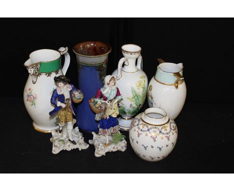 Royal Doulton vase, Copeland porcelain jug, two floral decorated vases, Spode ginger jar, two porcelain figures holding baske