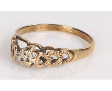 9 carat gold ring with pierced heart form shoulders and diamond  ring size M