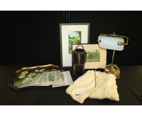 5 prints depicting nature scenes, together with a pottery basket, tray, lamp and fur. (qty)