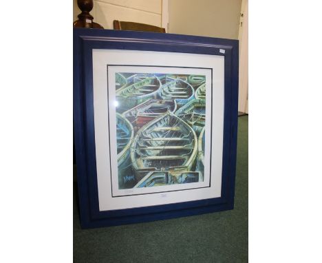 Bernard Morinay, boats in a harbour, pencil signed limited edition print, numbered 10/100, housed in a glazed blue frame, the