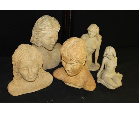 Figures, to include three portrait busts and a reclining statue, (4)