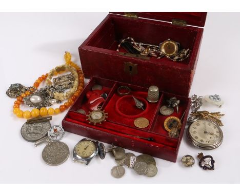 Jewellery box, with enamel badges, rings, compass, medals, necklaces, etc, (qty)