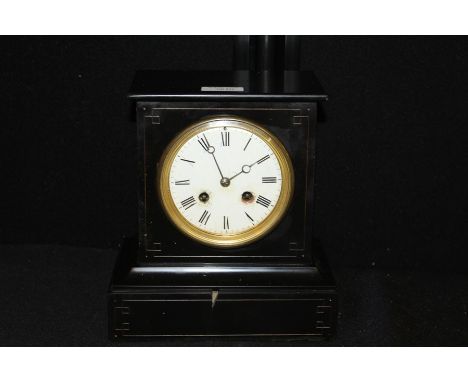 Edwardian slate mantel clock, the enamel dial with Roman numerals, 20cm wide