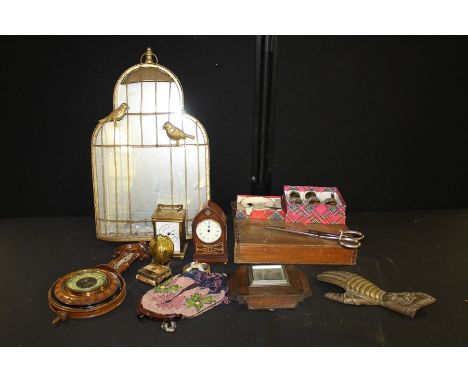 2 desk clocks together with 2 barometers, a mirror, large pair of scissors, novelty hand in armor, a selection of records, gl