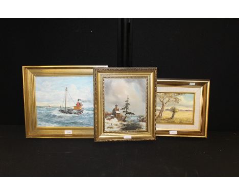 J.C. Burnie, two boats on a choppy sea, signed oil on canvas, housed in a gilt frame, the oil 29cm x 24cm, Charles Comber, Du