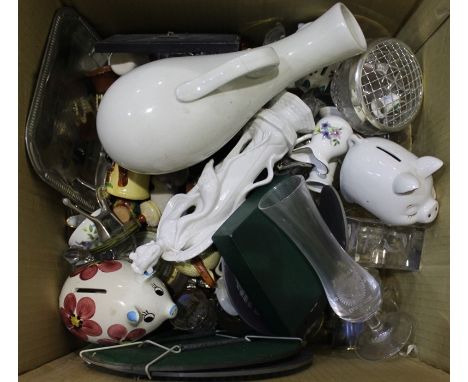 Two stoneware hot water bottles, two stoneware pots, lamp, meat plates, glasses, piggy banks etc. (qty)