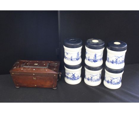 Victorian rosewood tea caddy, also together with six tea caddies.
