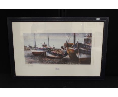 Bernard Morinay, fishing vessels on a beach, pencil signed print, housed in a glazed blue frame, the print 61.5cm x 31.5cm