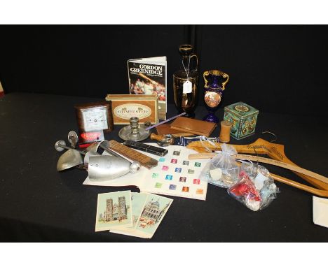 Collection of objects, to include shoe stretchers, wooden coat hangers, chamber stick, books, vases, etc, (qty)