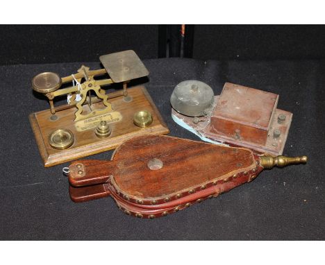 Postal scales, together with a bell and bellows 