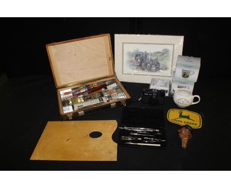 Mixed objects, to include an Artist set, a camera, carved bottle stopper, Colin Moore print, etc, (qty)