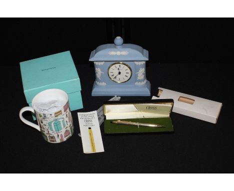 Tiffany &amp; Co 5th Avenue New York souvenir mug in original box,  Wedgwood blue jasperware mantel clock with quartz movemen