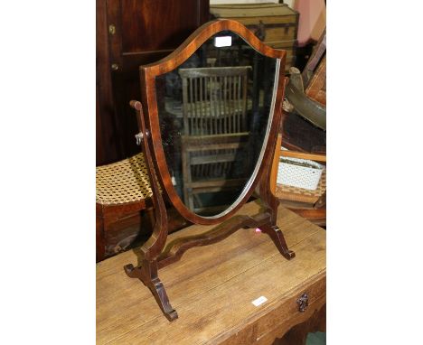 Sheraton style mahogany dressing table mirror, the shield shaped mirror on a skeleton frame, 40cm wide 