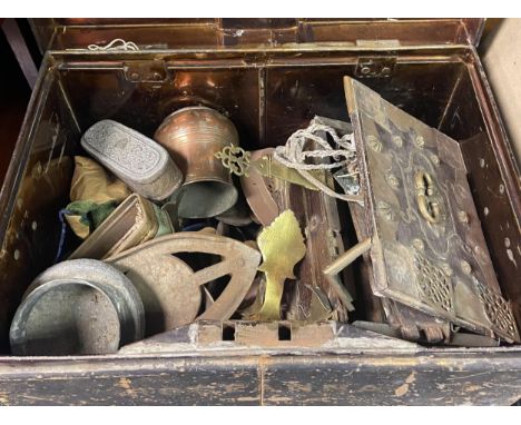 A Metal travel trunk containing Middle east/ Tibetan brass and copper wares. 