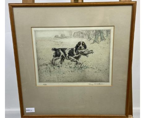 Henry Wilkinson Original etching in colour 'Spaniel Retrieving Partridge' limited edition and signed in pencil. [Frame 47x47c
