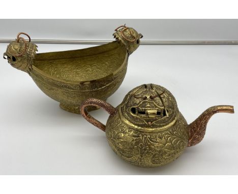 Antique Gilt brass and copper Chinese/ middle east ornate teapot and centre piece bowl. Both detailing dragon design bulbous 