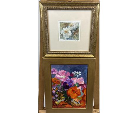 Original oil painting depicting flowers by Julie Nicholson, together with a lithograph print titled Rosa Alba by Kate Philip 