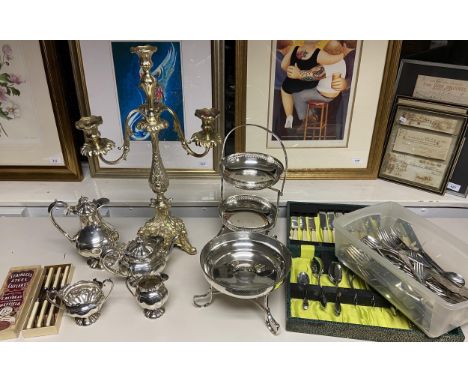 A Collection of silver plate and E.P Wares to include large three branch candelabra, Four piece tea/ coffee service and vario