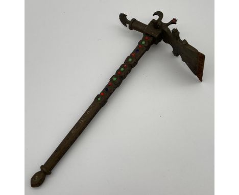 An antique Persian sugar salt axe. Designed with various colourful hardstones. [29cm in length]