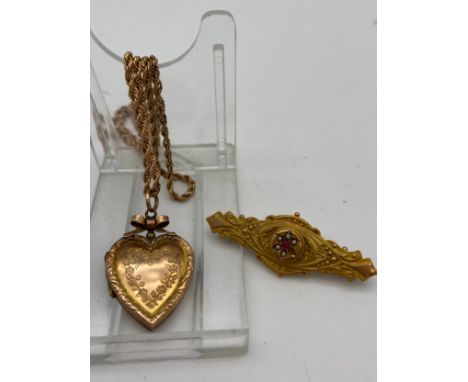 A Ladies antique 9ct gold brooch with ruby and seed pearls, together with an antique 9ct gold necklace and 9ct gold back and 