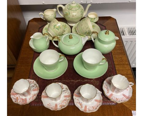 8 Pieces of Wedgwood tea for two, 11 piece Royal Albert Harlequin coffee cups and saucers, 8 pieces of Wedgwood Victorian cof