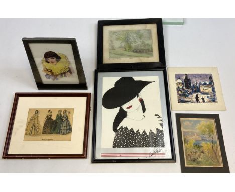 A Selection of various artworks to include art deco pewter frame with art nouveau lady portrait print. 