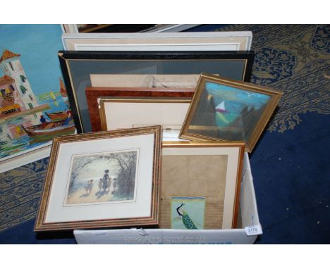 A quantity of pictures including a Pencil study of a nude, Watercolour of a stormy landscape and a hand-painted picture of a 