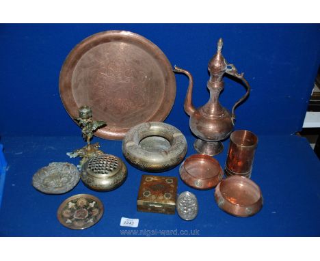 A quantity of Brass and copper including tray, ashtray, small box,  cherub candlestick, etc. 