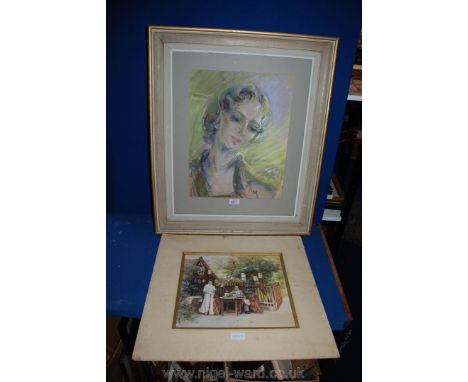 A Charcoal Portrait of a lady initialled B.M. together with a chromo-lithograph of a couple in a garden setting with a gentle