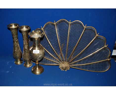 A Brass Firescreen and three vases