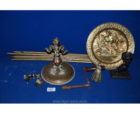 A quantity of Brass stair rods, candlestick, plaque, etc.