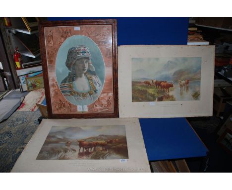 A pair of Victorian Prints by H. R. Hall depicting Highland Cattle and an antique framed and glazed religious print of 'Esthe
