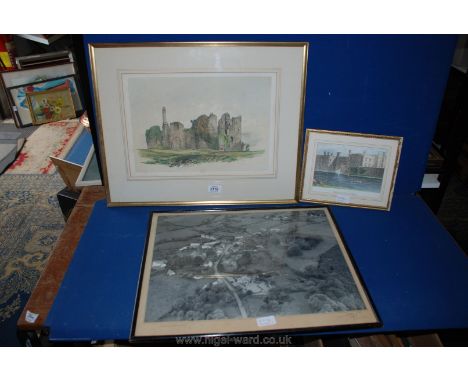 A hand coloured Lithograph of Grosmont Castle signed J. S. Prout along with an Old Donovan Wilson Ariel photograph of Grosmon
