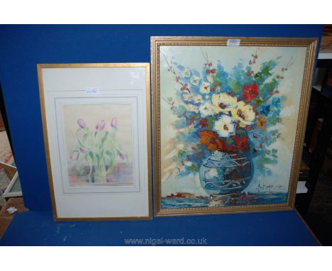 A palette knife Oil on canvas depicting a Vase of Flowers, indistinctly signed lower right 17 1/2" x 21" along with a coloure