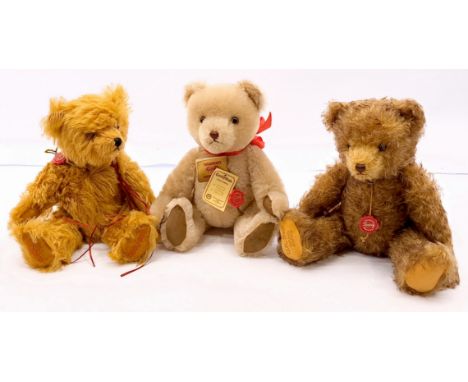 Teddy Hermann Trio including (1) UK Bear, mohair, MISSING swing label, 14"/36cm; (2) Musical Bear, mohair, MISSING swing labe
