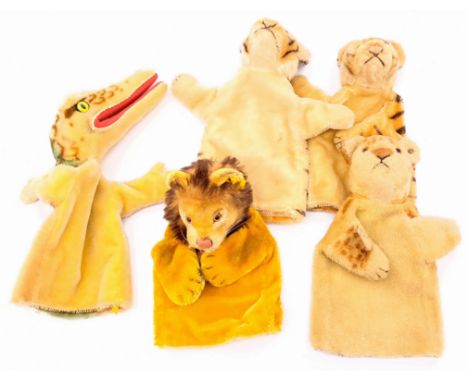 Steiff hand puppet group including: (1) Gaty Crocodile, 1960's/70's, mohair; (2-3) Tiger, 1960s/70s, mohair; (4) Leo Lion, ye