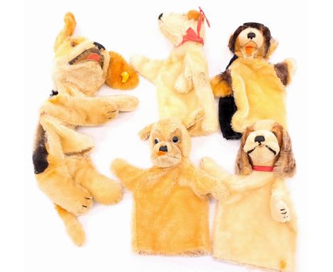Steiff dog hand puppet group including: (1) Foxy, mohair; (2) Cockie, mohair; (3) Mopsy, mohair; (4) Lumpi, mohair; (5) Mimic