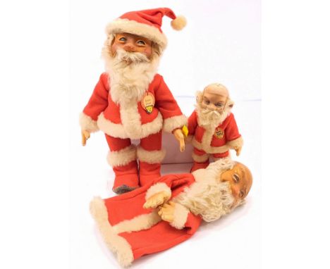 Steiff Santa Claus trio, including hand puppet, cracking to rubber, smaller figure is MISSING hat, largest 12"/31cm, (3).