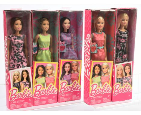 Barbie five x dolls, 2015: (1) DGX62; (2) DGX60; (3) DGX64; (4) DGX63; (5) DGX58; Near Mint to Mint, NRFB, within Good Plus t