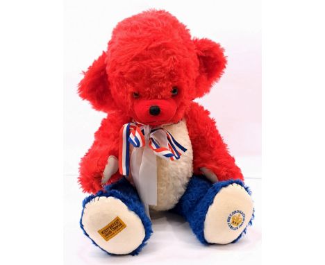 Merrythought Coronation Jubilee Cheeky Bear, 1953-2003, LE 31/100, red, white and blue mohair, MISSING swing labels, Good Plu