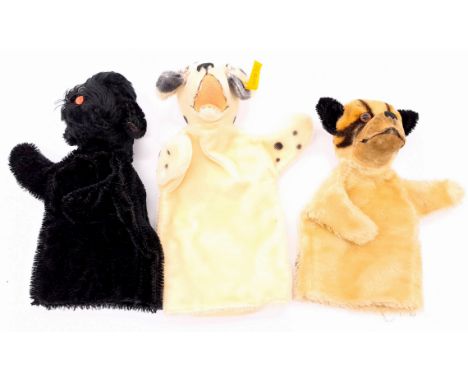 Steiff dog hand puppet trio&nbsp; including: (1) Bully, 1950's/60's, mohair; (2) Dally, yellow tag 250415, mohair; (3) Snobby