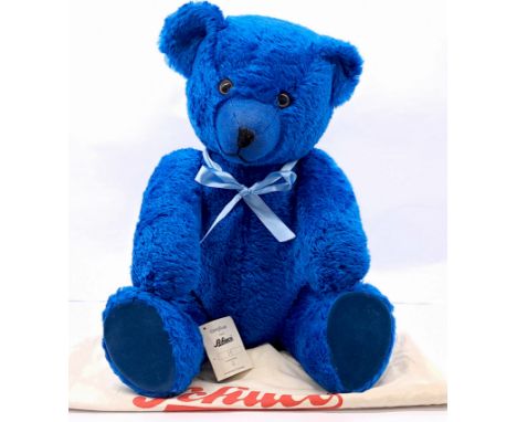 Schuco Tricky Musical Teddy Bear, blue mohair, suedette paw pads and feet, fully jointed, metal key to back plays "Bhrams Lul