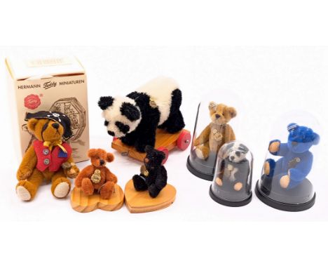 Teddy Hermann miniature teddy bear group x seven; mohair and velvet, some are within plastic domes, Excellent Plus; largest (