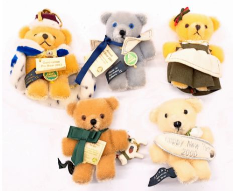 Hermann Spielwaren mohair teddy bear pin group including: (1) Coronation pin bear 2003; (2) Oktoberfest pin bear 2003; (3) Ma