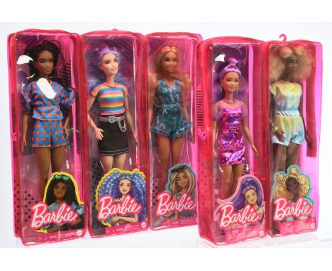 Mattel Barbie Fashionista dolls x five, 2020-2021: (1) 170, GRB61; (2) 172, GRB63; (3) 173, GRB65; (4) 178, HBV12; (5) 180, H