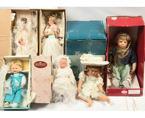 Collection of six modern bisque dolls, including some artist designed: (1) Gotz Heidi Pluscok seated doll, LE 458/1500, boxed