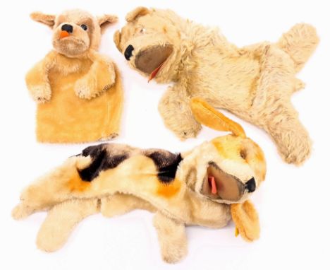 Steiff and other dog hand puppet trio including: (1) Mopsy, mohair; (2) Mimic Biggie, mohair; (3) unknown dog puppet, mohair;